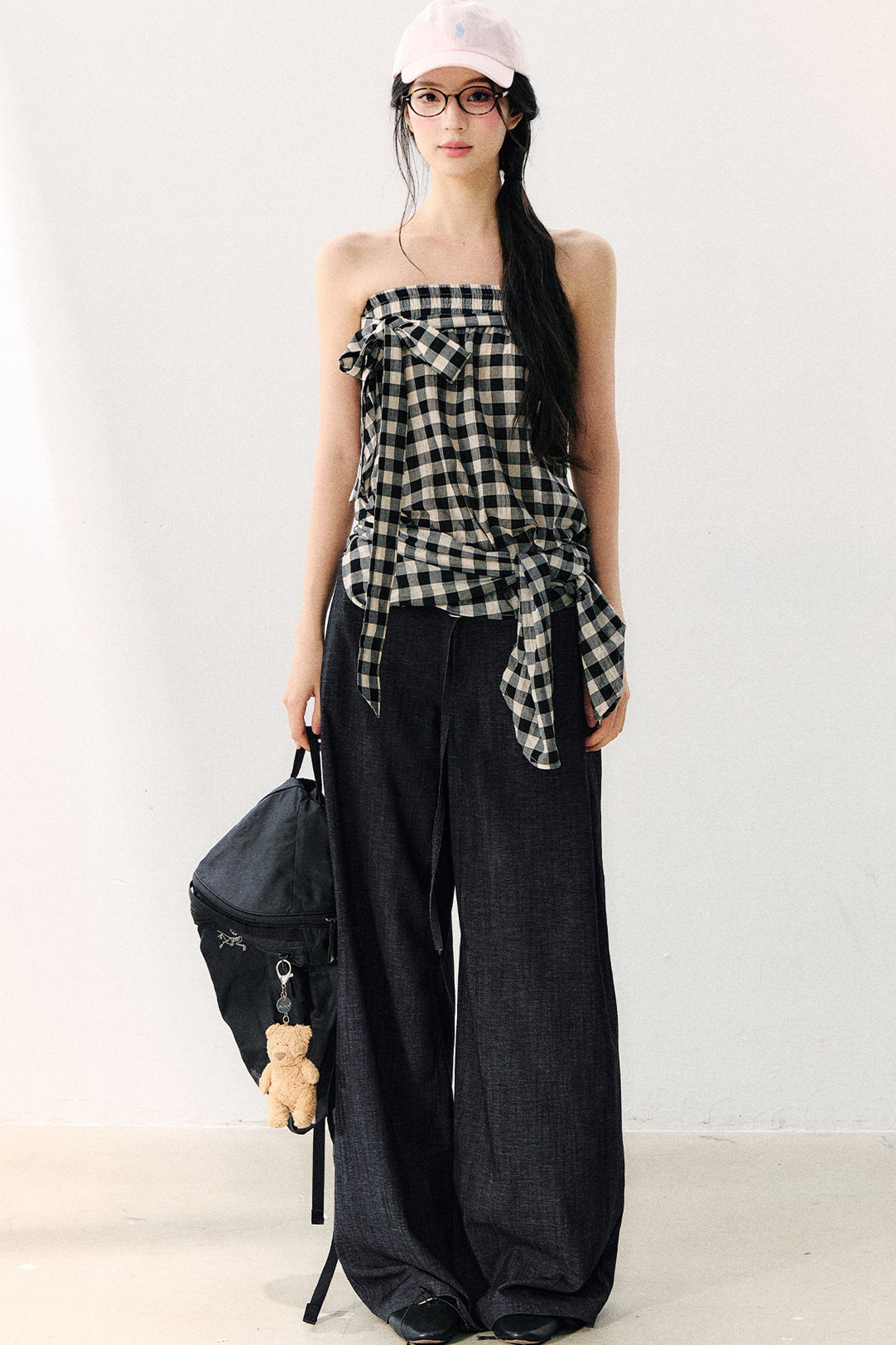 Washed Plaid Tube Top With Bow