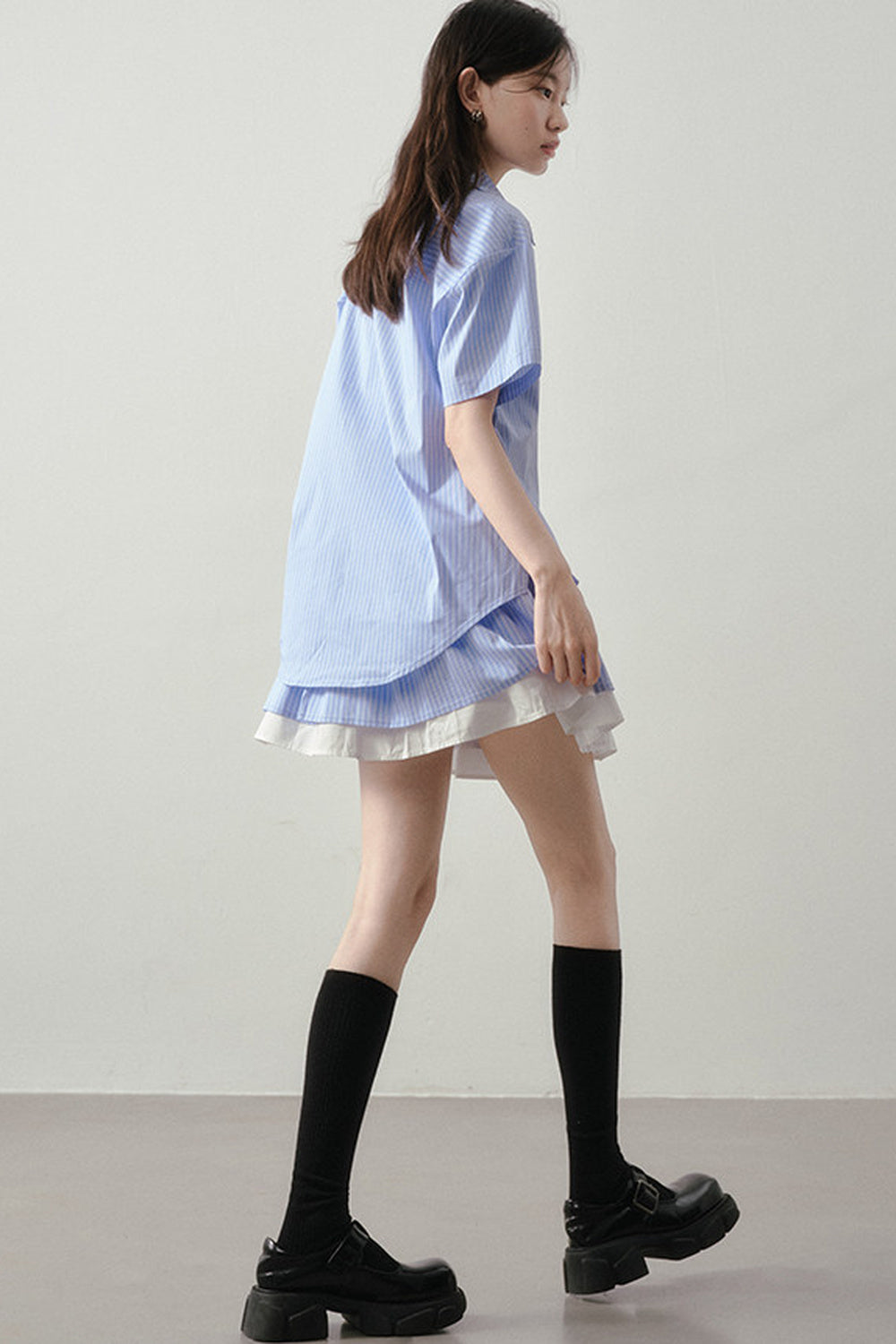 Blue White Striped Shirt and Pleated Skirt Set