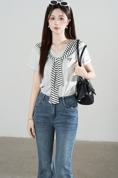 Loose Short-Sleeved Striped Shawl T-Shirt and Denim Skirt Set-Up