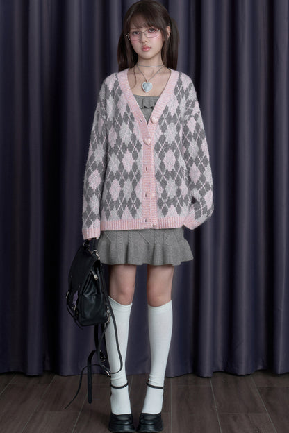 Pink Argyle Knit Cardigan and Skirt Set-Up