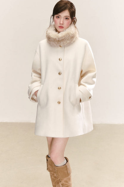 White Wool Blend Detachable Fur Collar Coat