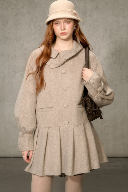 70% Wool Blend Double-Sided Pleated Coat