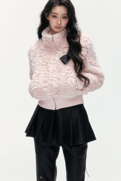 Pink Faux Lamb Wool Jacket and Pants Set-Up