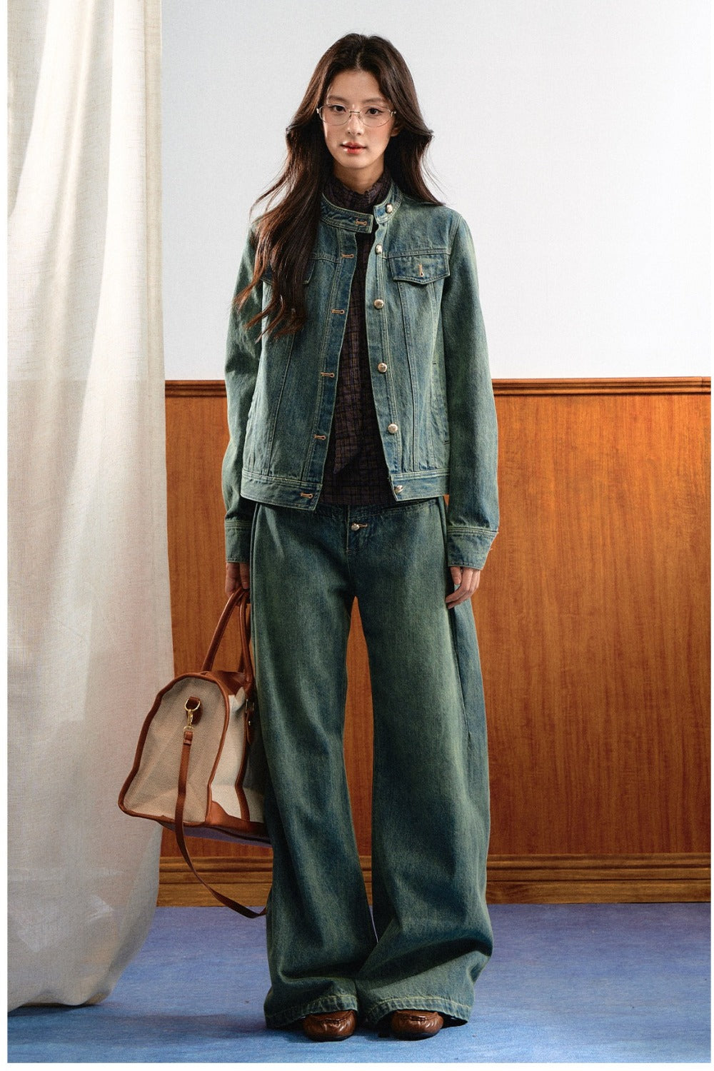 Retro Washed Denim Top and Wide-Leg Pants Set-Up