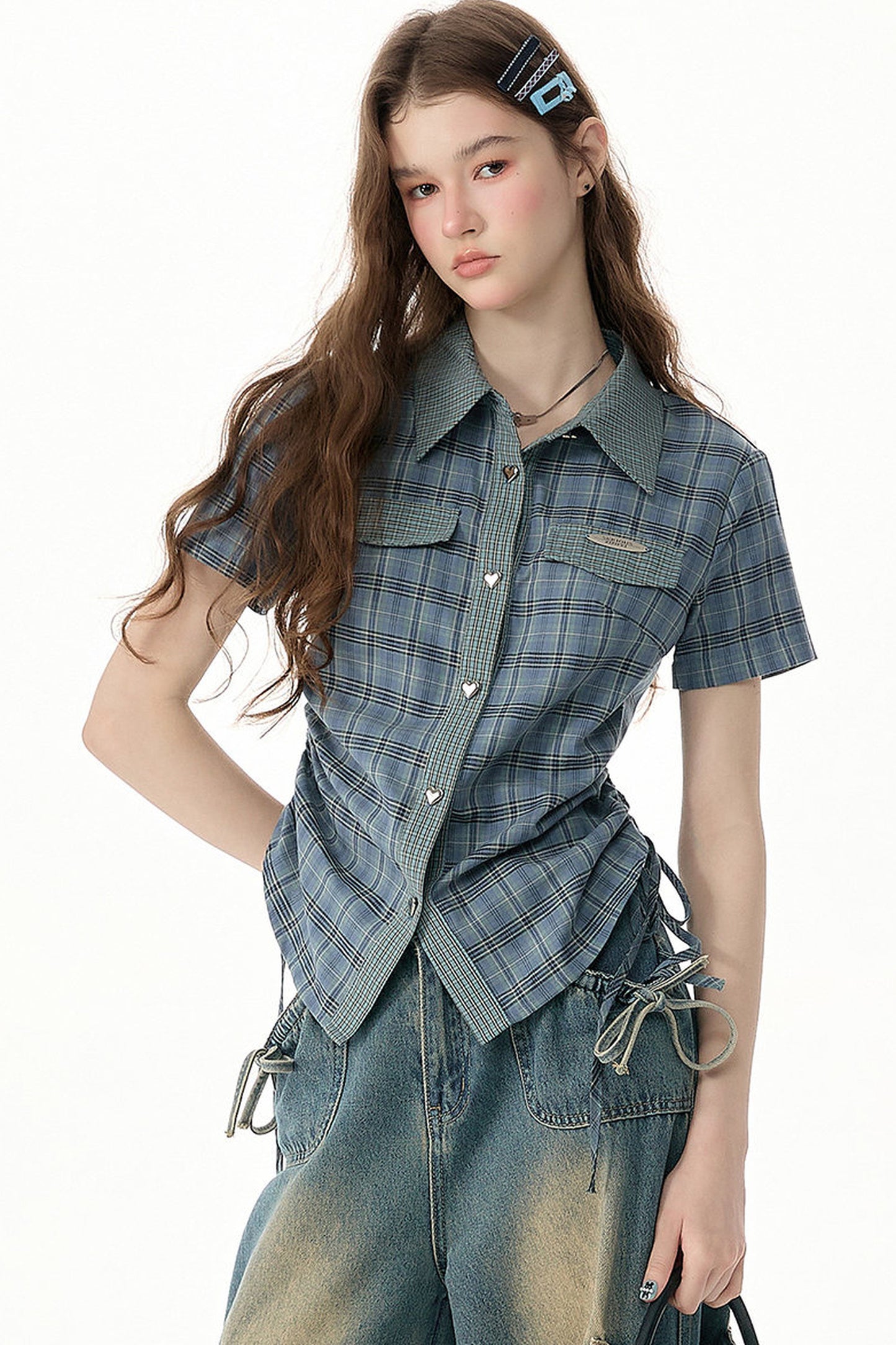 Camicia a maniche corte con motivo scozzese blu e verde