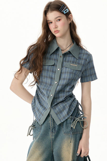 Camicia a maniche corte con motivo scozzese blu e verde