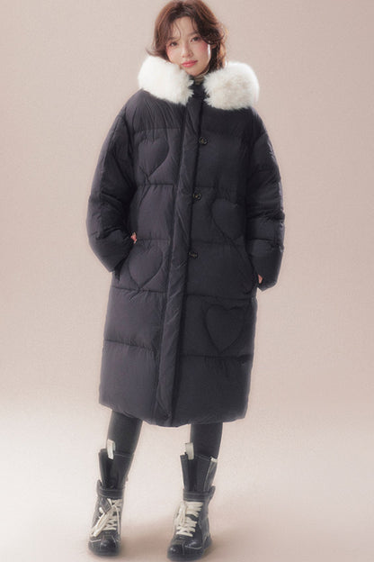 Long Heart Quilted Fur Collar Down Coat