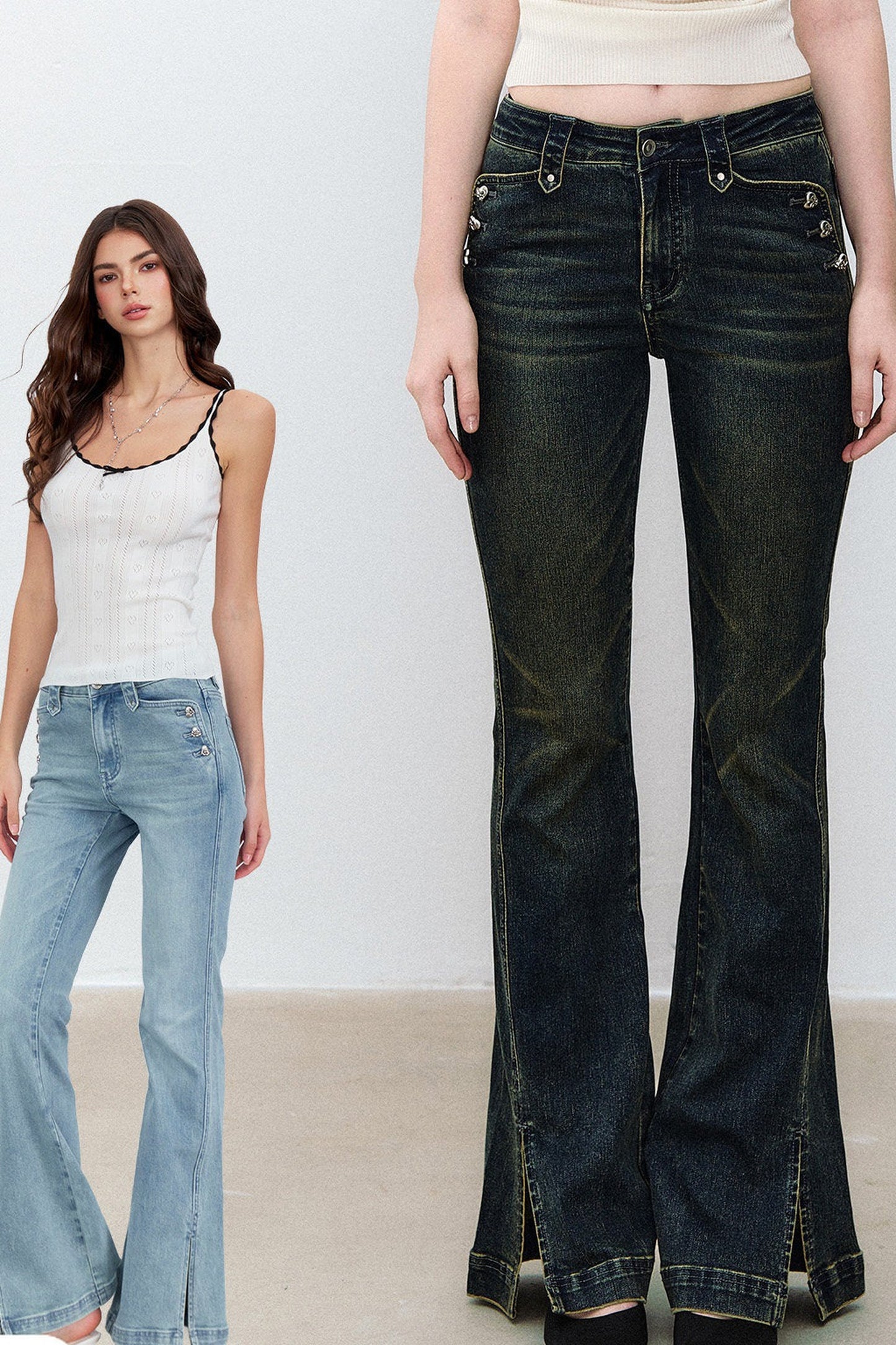 Heart Button Slit Flared Jeans