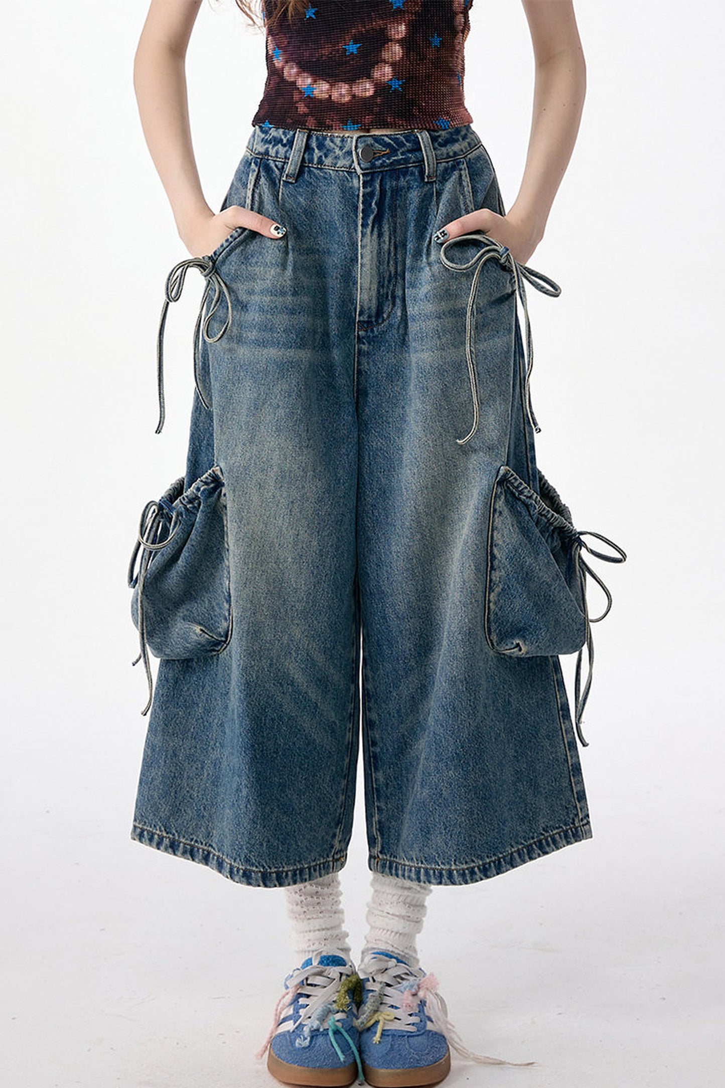 High-Waist Tie-Waist Cargo Denim Wide-Leg Pants