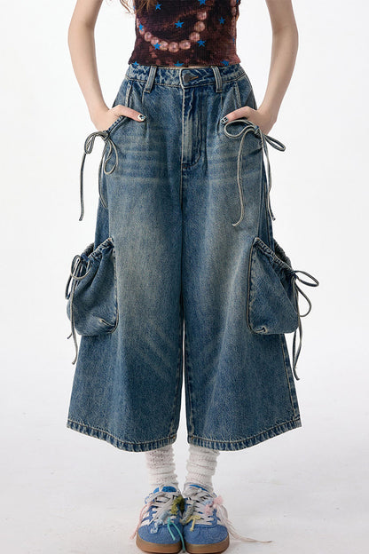 High-Waist Tie-Waist Cargo Denim Wide-Leg Pants