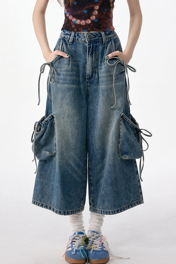 High-Waist Tie-Waist Cargo Denim Wide-Leg Pants
