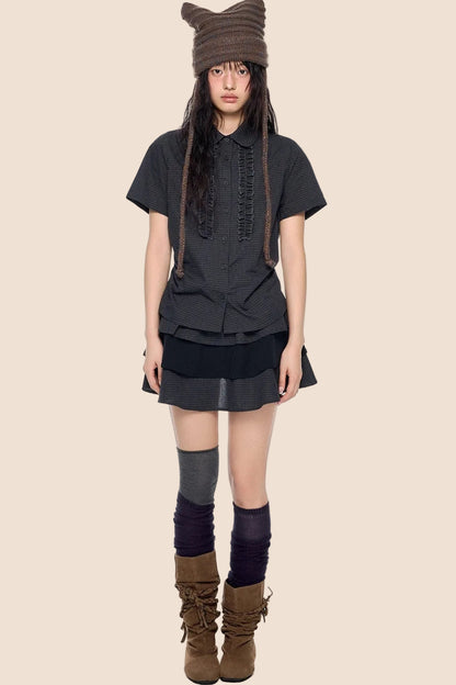 Plaid Pleated Blouse and Cake Skirt Set-Up