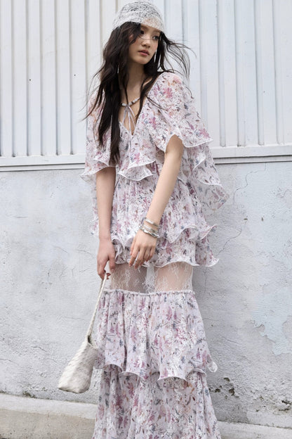 Romantic two-piece floral 3D ruffled skirt set