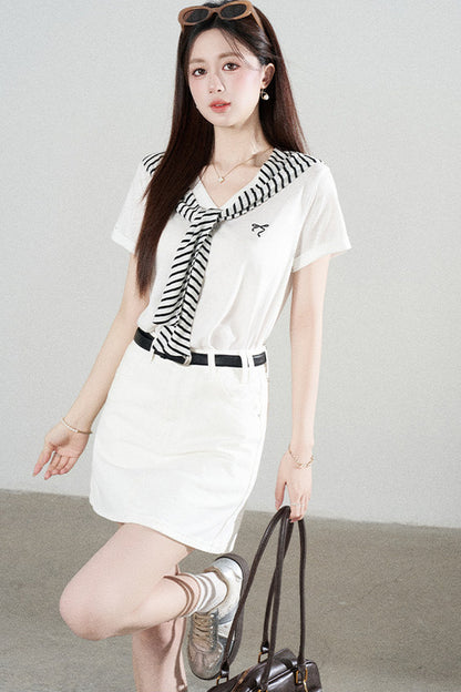 Loose Short-Sleeved Striped Shawl T-Shirt and Denim Skirt Set-Up