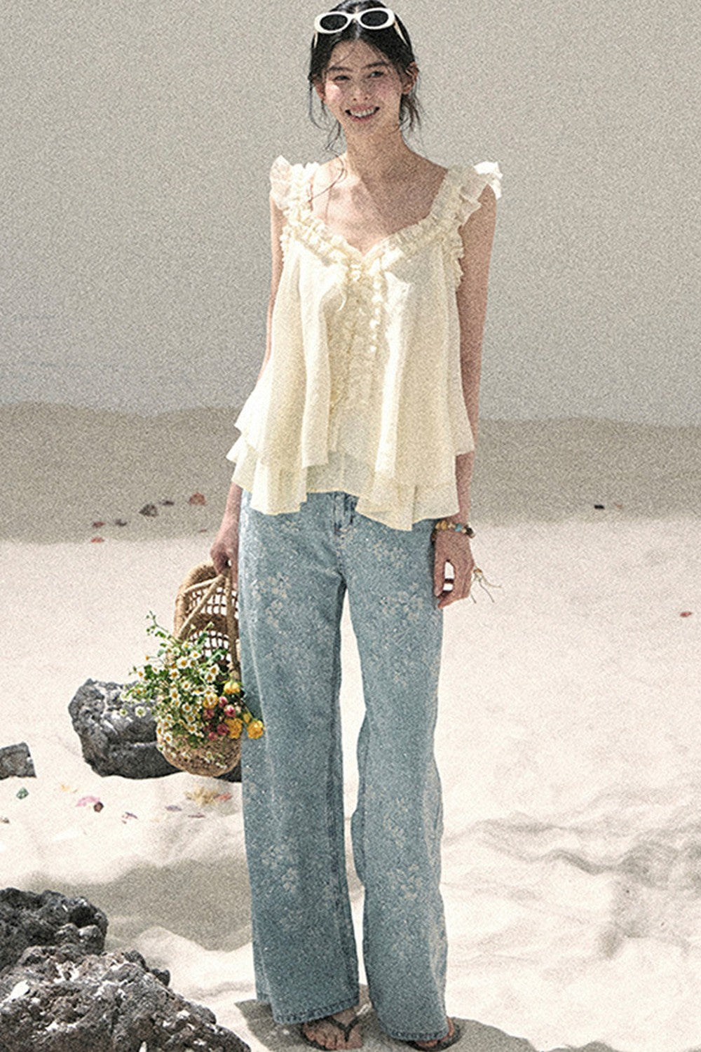 French Ruffled V-Neck Blouse