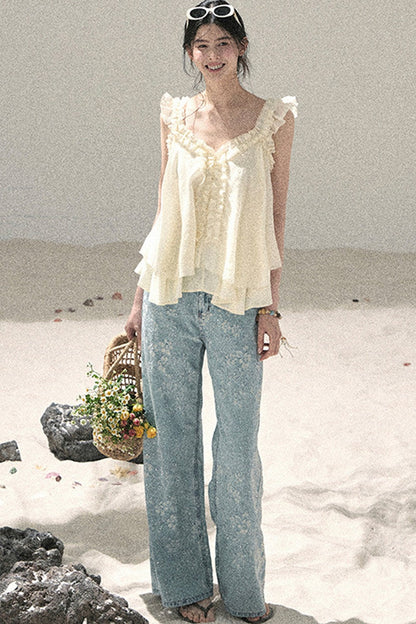 French Ruffled V-Neck Blouse