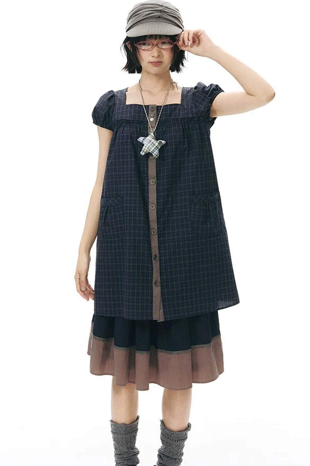 Plaid Puff Sleeve Babydoll Dress