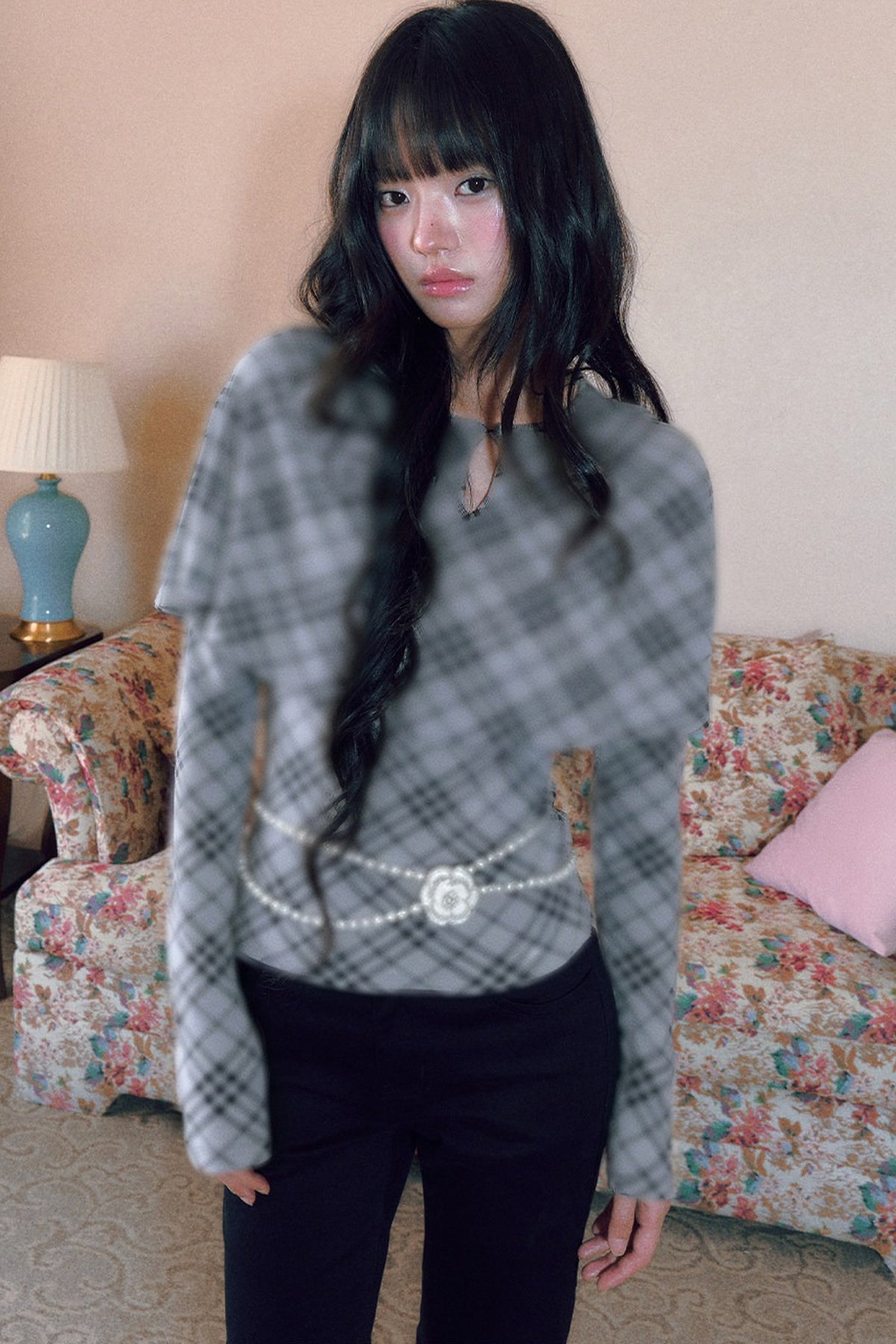 Plaid Cape Long Sleeve Top