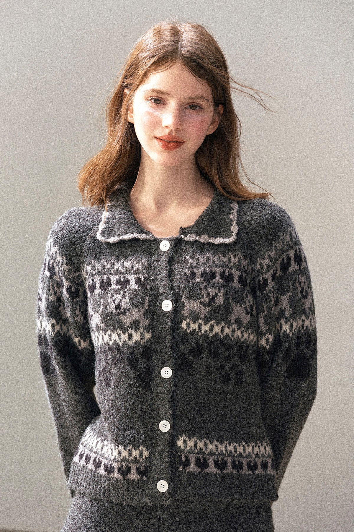 Fair Isle Knit Wool Cardigan and Skirt Set-Up