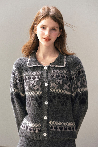 Fair Isle Knit Wool Cardigan and Skirt Set-Up
