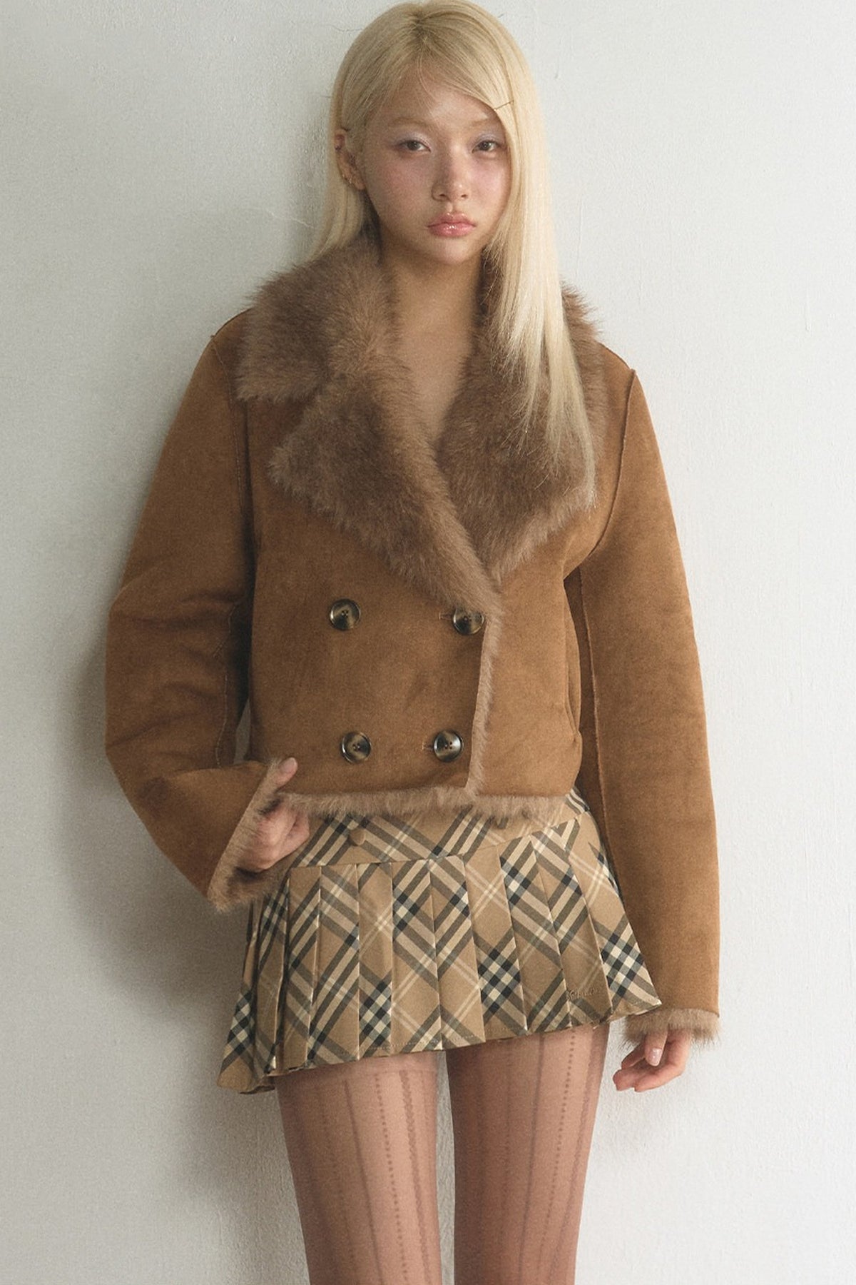 Suede Fur Collar Double-Breasted Jacket With Skirt Set-Up