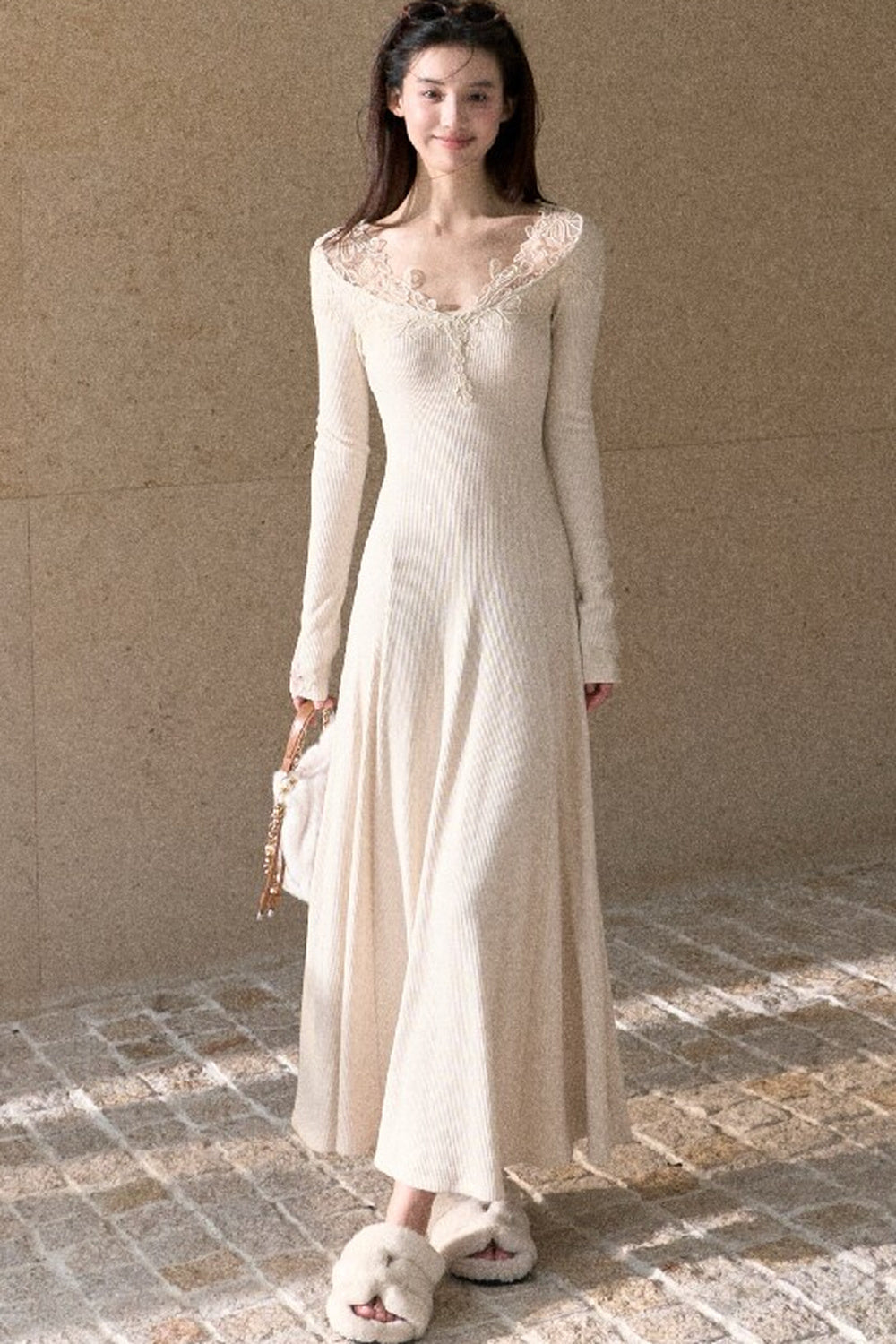 Spliced Lace Trim Long-Sleeve A-Line Dress
