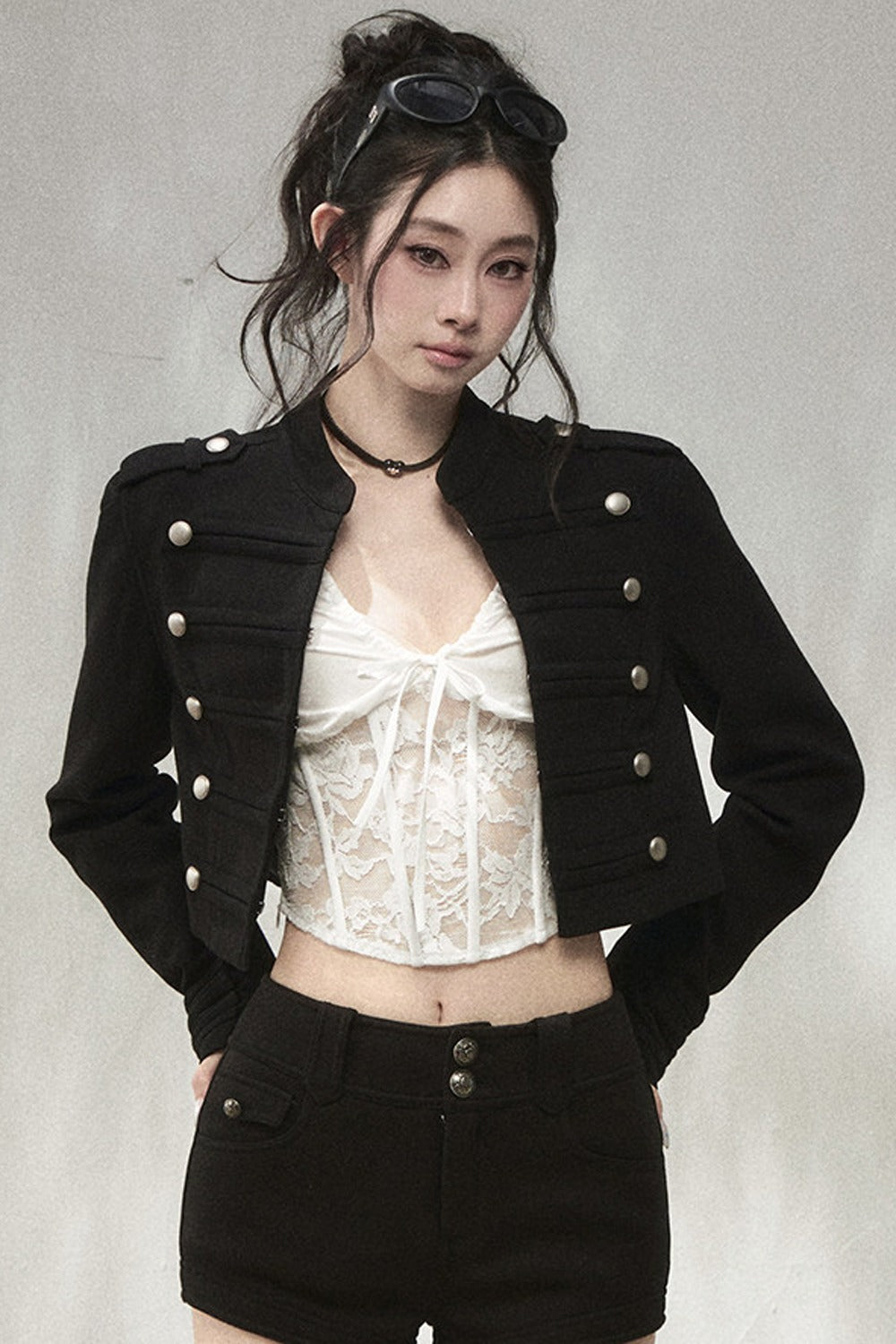 Double-Breasted Metal Button Stand Collar Short Jacket