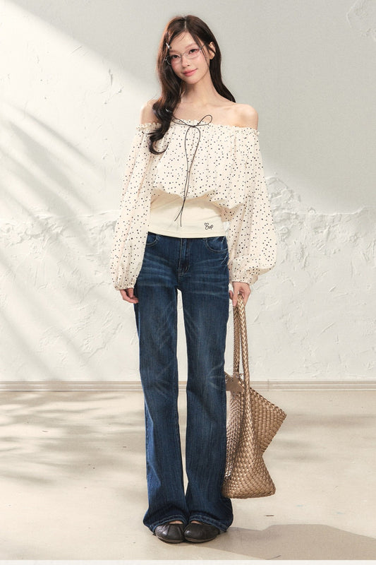 One-Shoulder Polka Dot Chiffon Top and Vest Set-Up