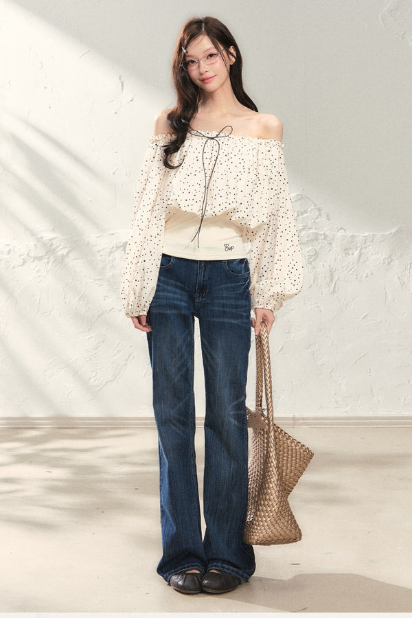 One-Shoulder Polka Dot Chiffon Top and Vest Set-Up