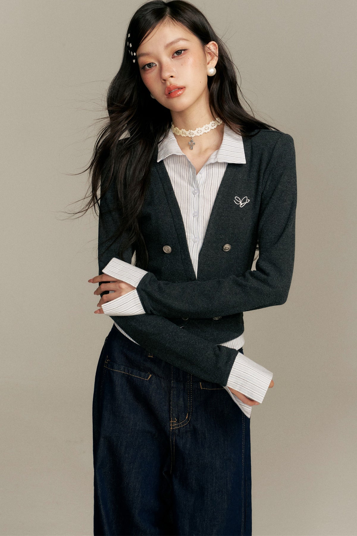 Double-Breasted Layered-Look Knit Top