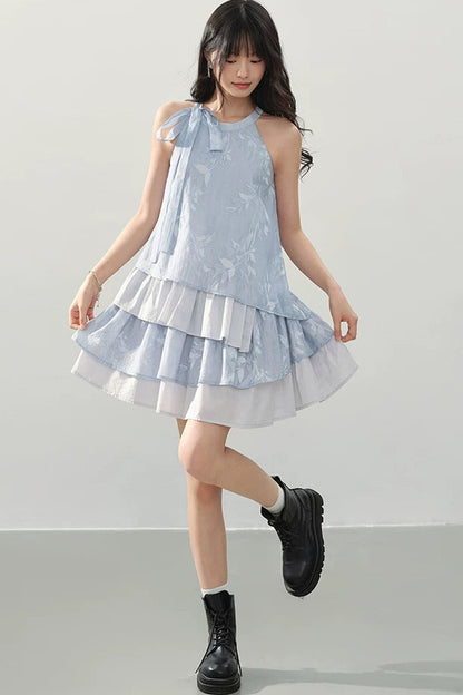 Blue Halter Print Tiered Dress