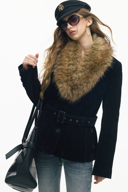 Belted Suede Fur Collar Jacket