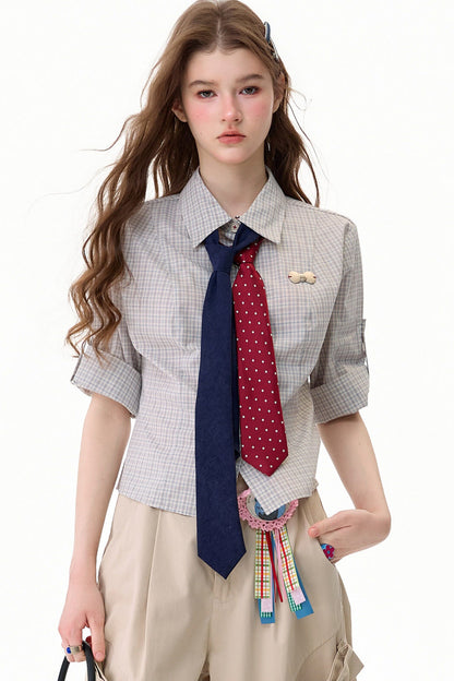 Camicia a maniche corte a quadri grigio chiaro