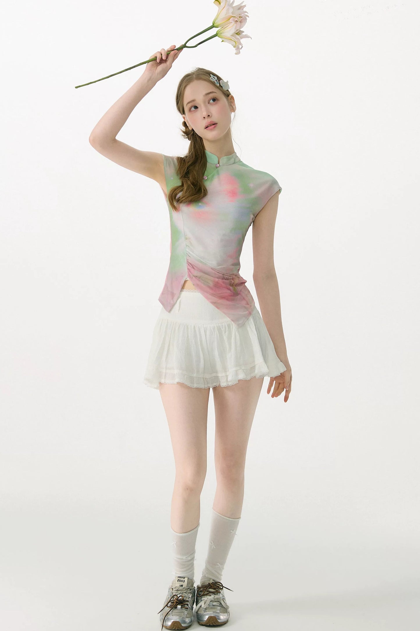 Camiseta de malla degradada con flores de ensueño