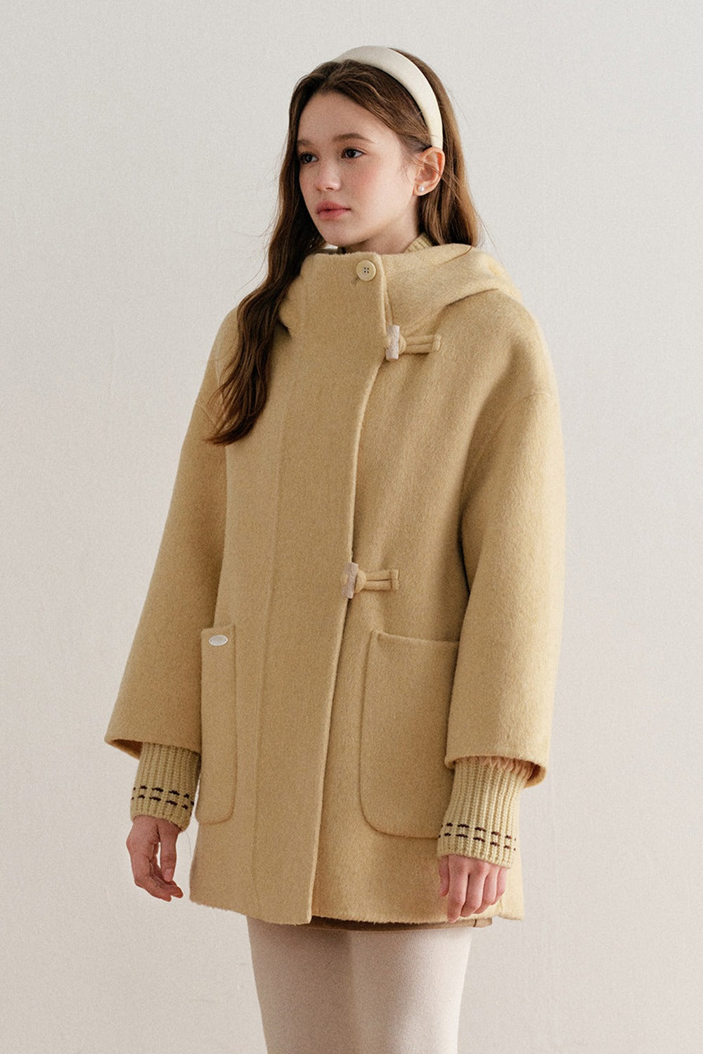 Hooded Horn Button Wool Coat