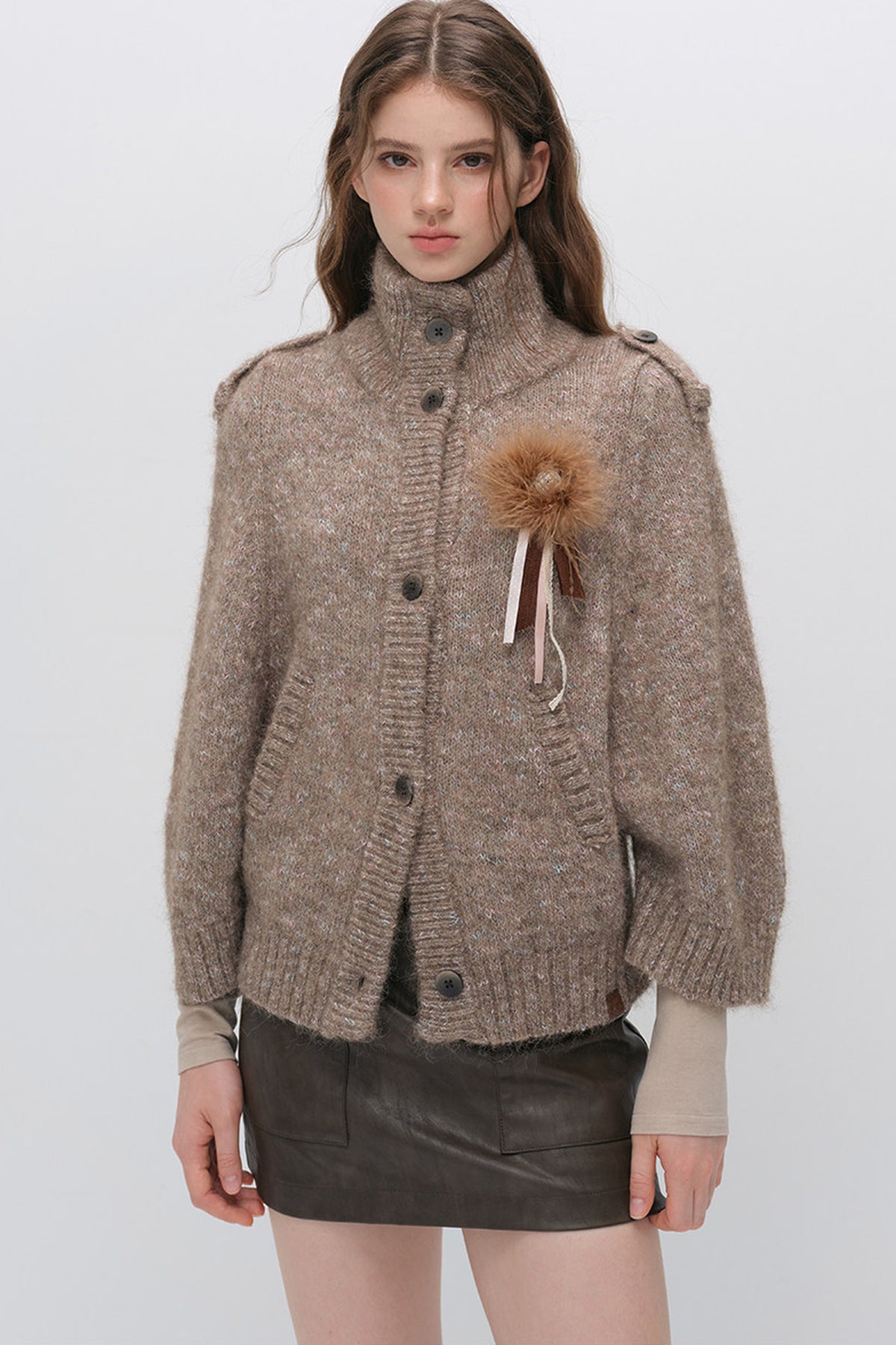 Stand Collar Corsage Knit Cardigan