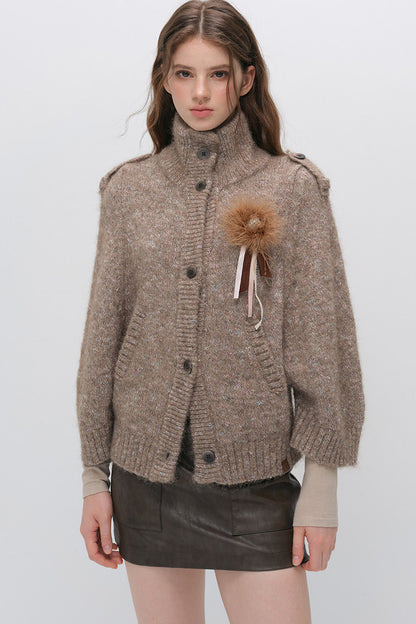 Stand Collar Corsage Knit Cardigan