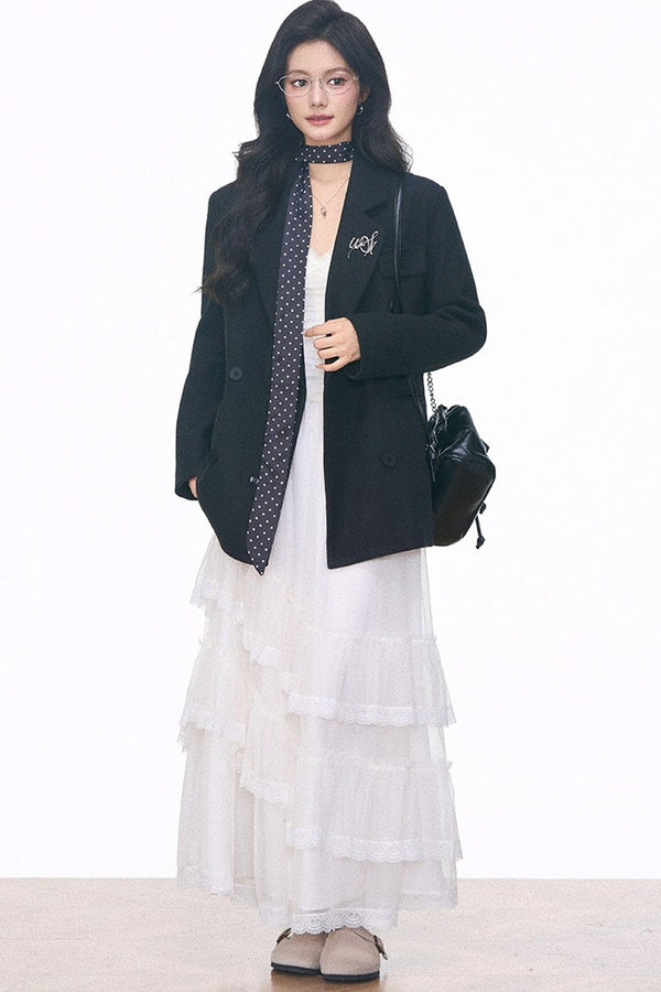 Woolen Blazer and Mesh Skirt Set-Up
