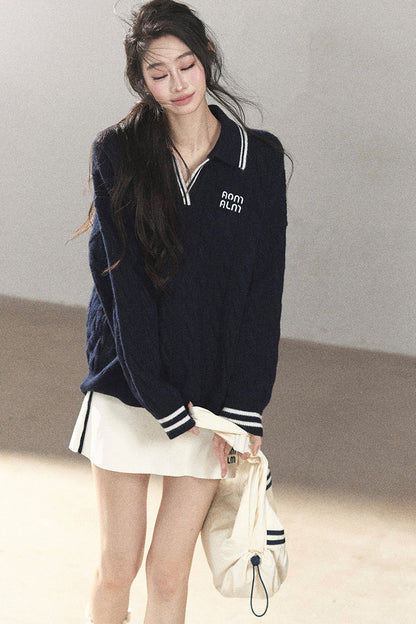 Navy Blue Sweater And White Mini Skirt Set-Up
