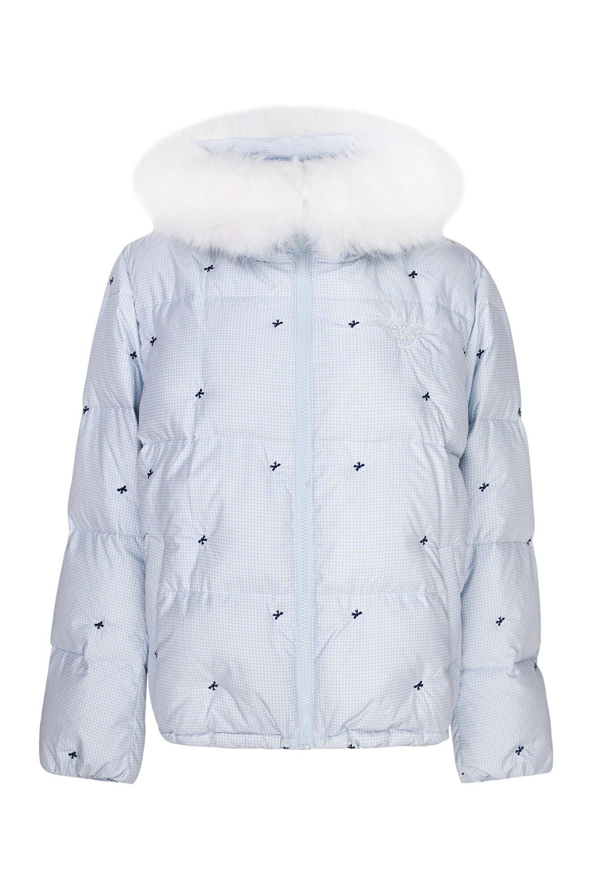 Blue Hooded Down Jacket and White Trousers Set-Up