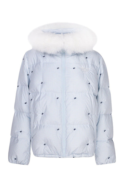 Blue Hooded Down Jacket and White Trousers Set-Up
