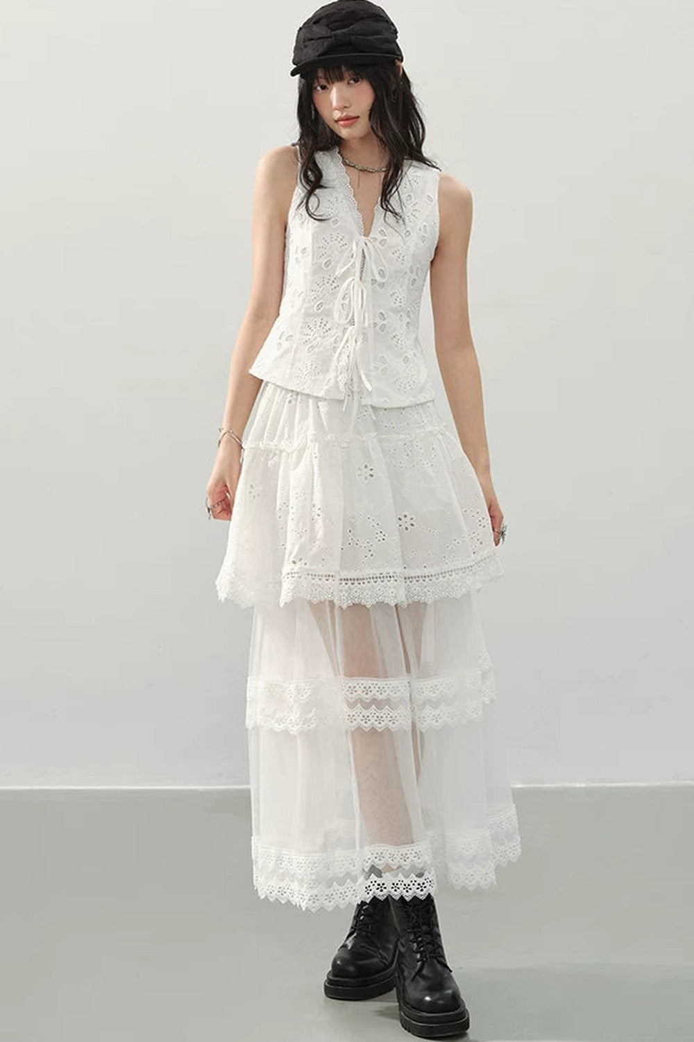 Gonna A-Line In Pizzo Bianco A Balze