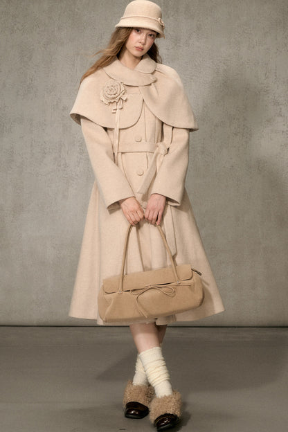 Floral Embroidered Long Woolen Cape Coat Set-Up