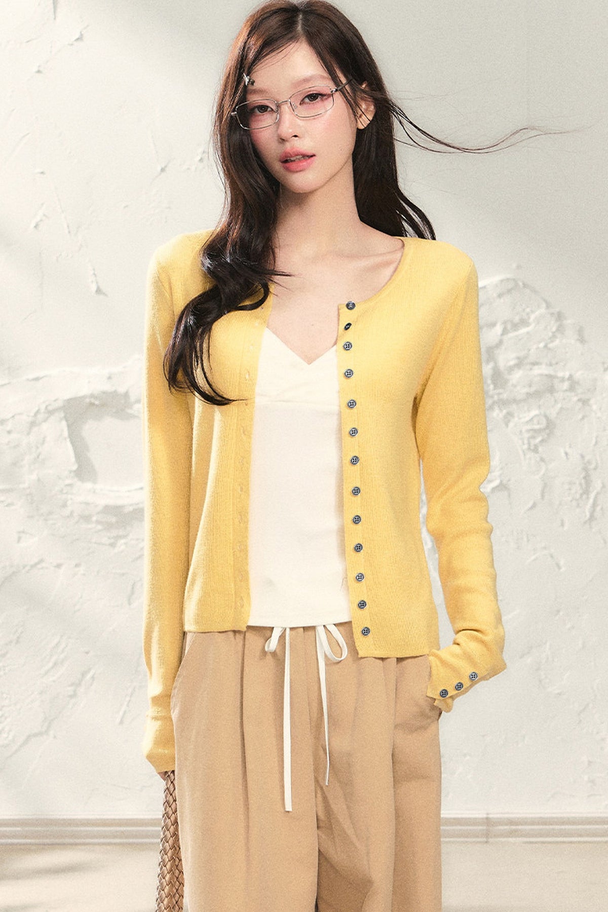 Yellow Long-Sleeve Knit Cardigan Set with Camisole and Pants Set-Up
