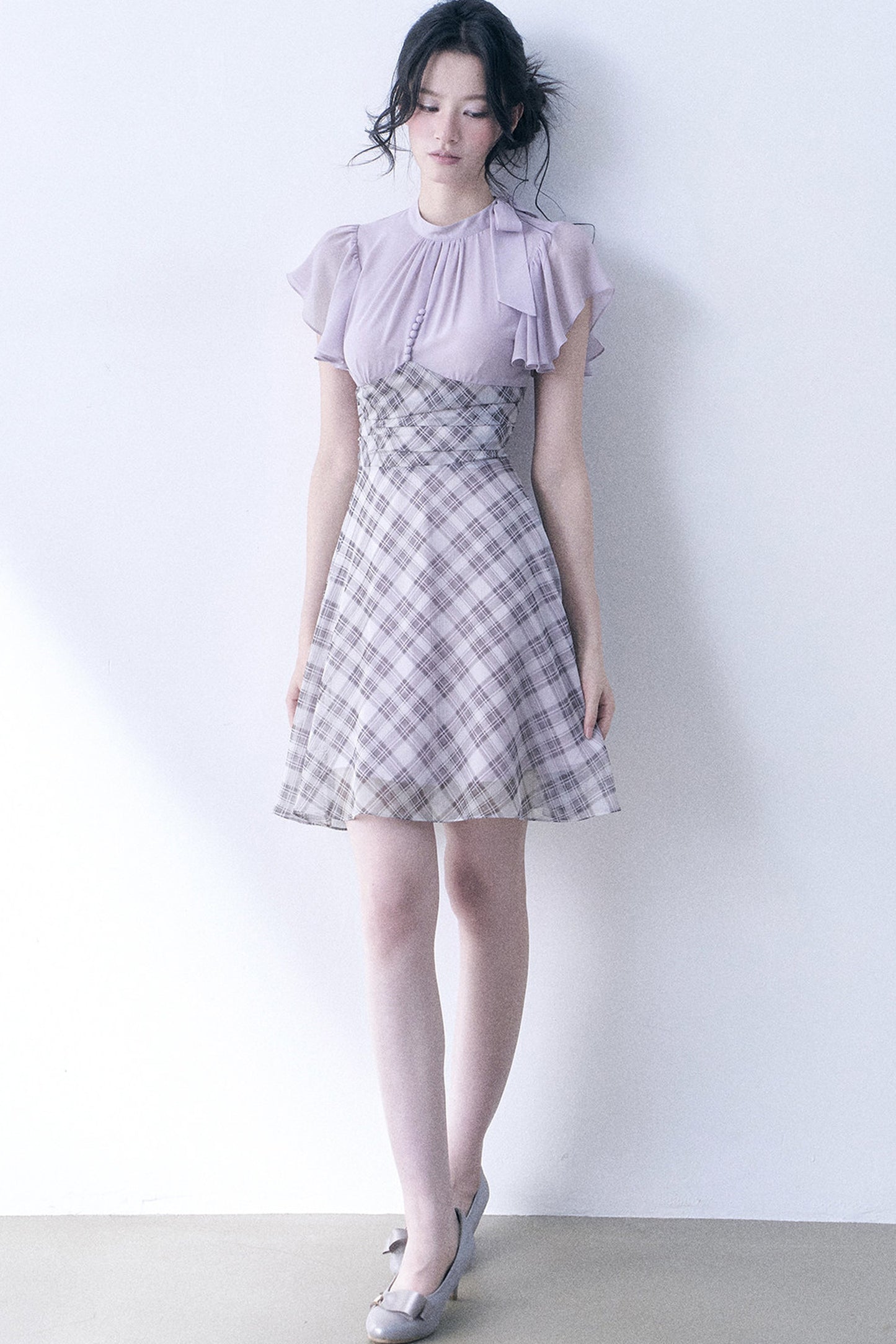 Lavender Plaid Flutter Dress