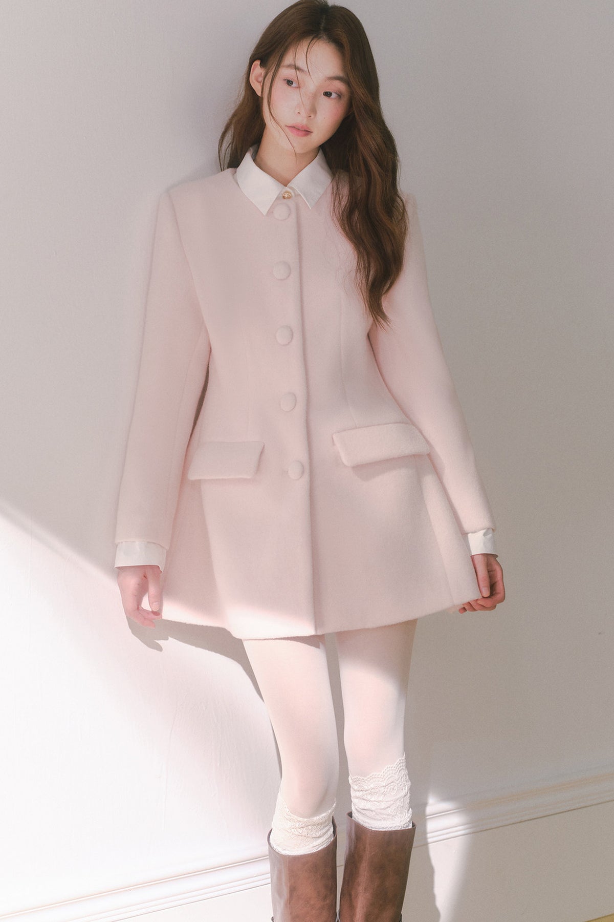 Pink Wool Shirt Collar Mid-Length Coat