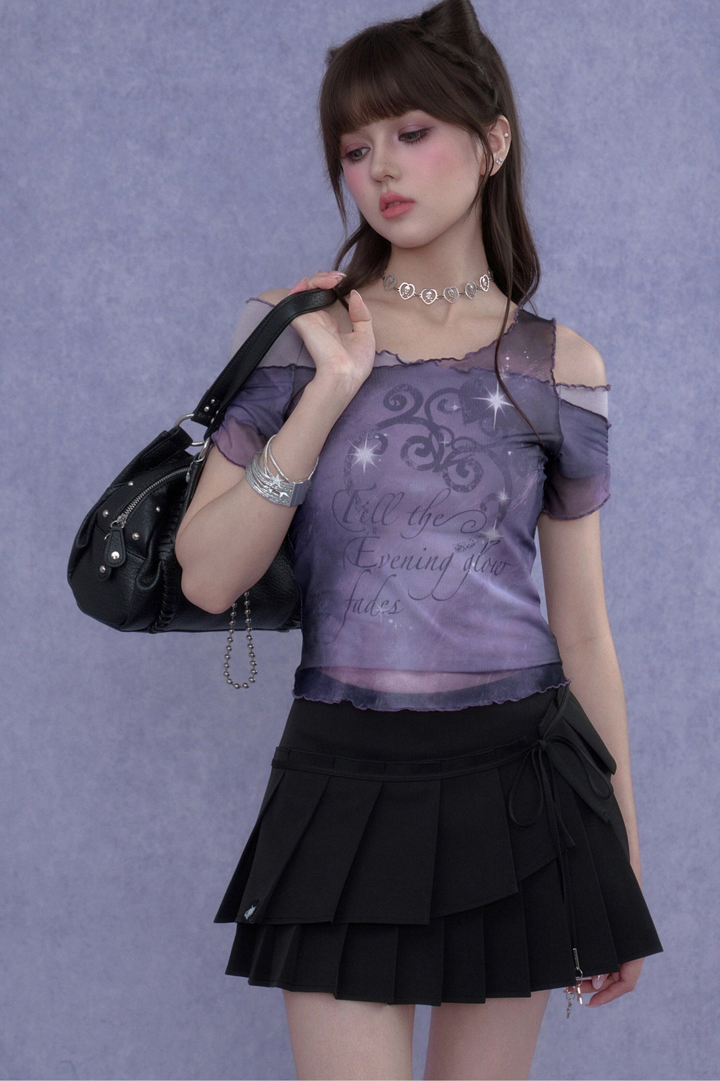 Purple Mesh One-Shoulder Top