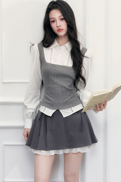 Gray Knit Vest Blouse and Skirt Set-Up