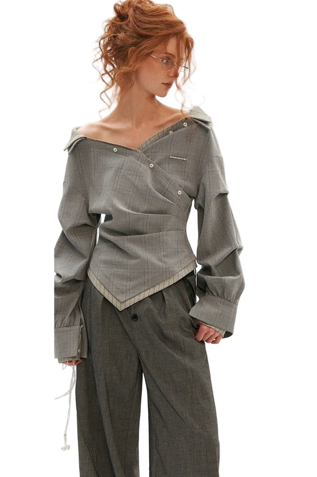 Irregular Textured Plaid Off-Shoulder Shirt
