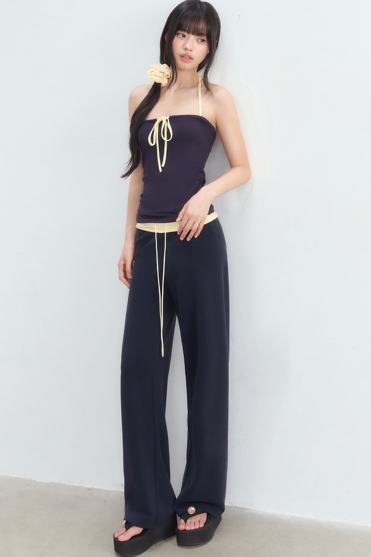 Color-Blocked Waistband Drawstring Wide-Leg Pants